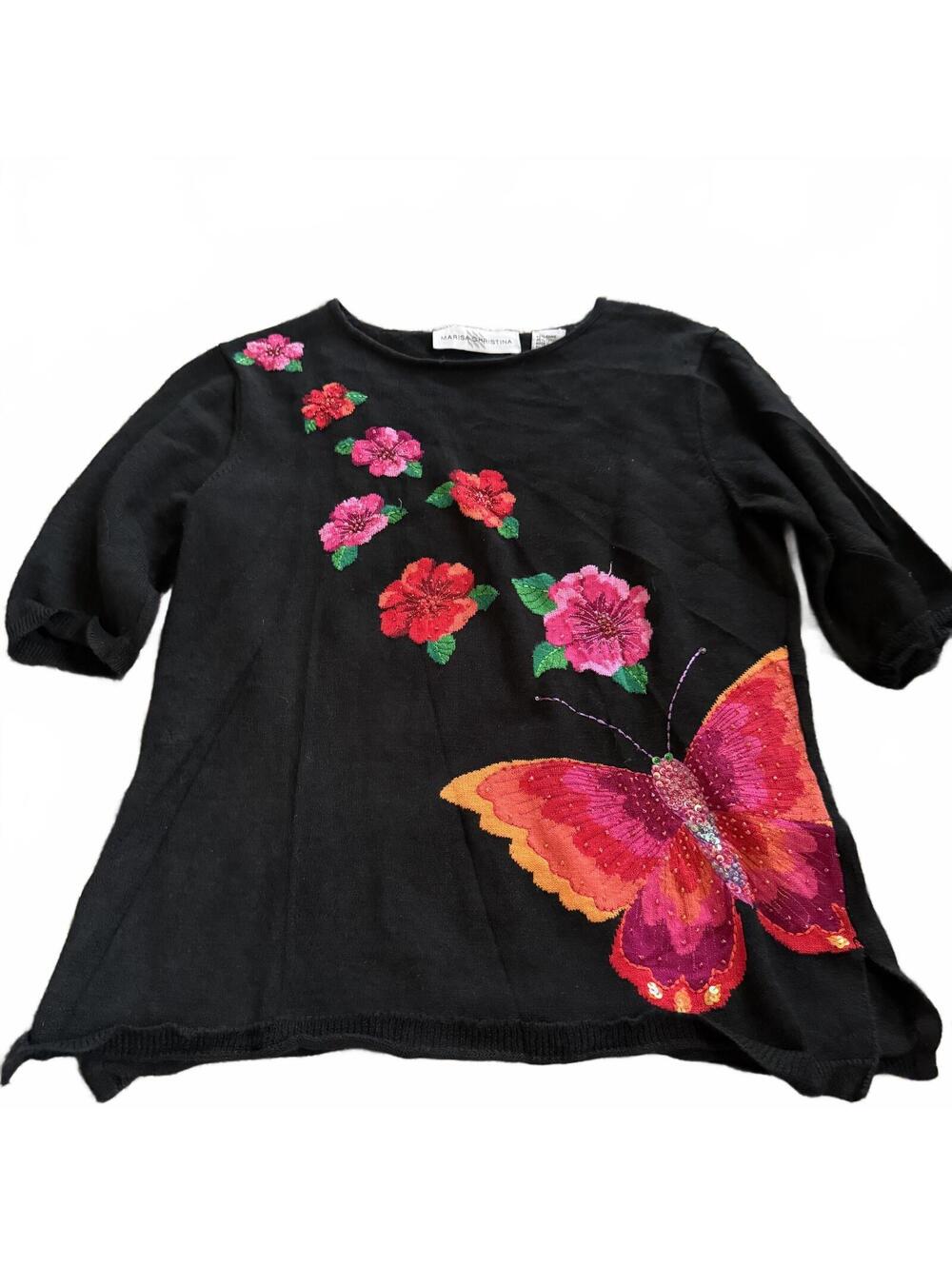 Marisa Christina Butterfly Floral Sweater Small Embellished Knit Art To Wear